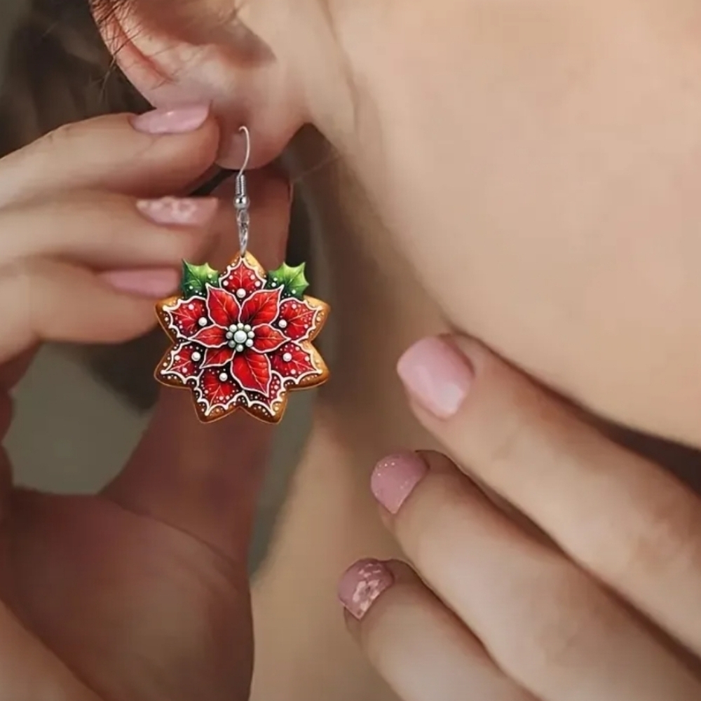 ICED Gingerbread Cookie Pointsettia Earrings Zinc Alloy Post - Picture 3 of 3